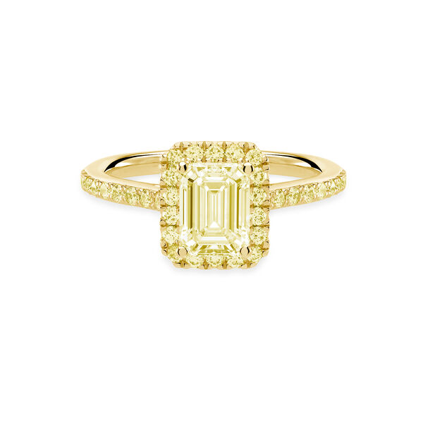Emerald Cut Yellow Diamond Engagement Ring with Halo and Yellow Gold Pav&eacute; Band
